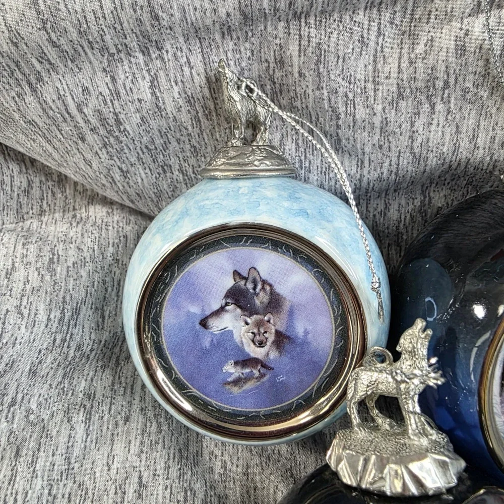 Bradford Editions Wolf Christmas Ornament Set of 5 Pewter Toppers 1997